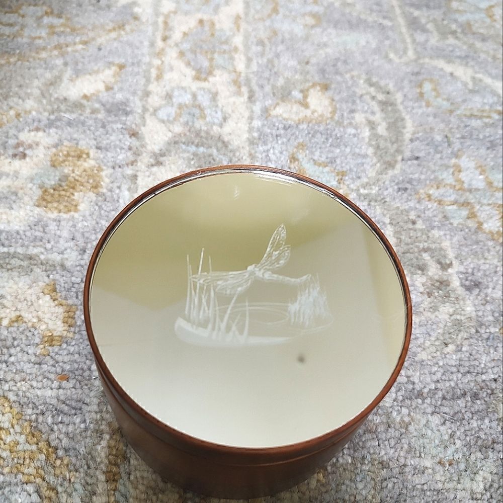 Dragonfly Etched Round Wooden Lidded  Trinket Box Handmade Vintage Signed